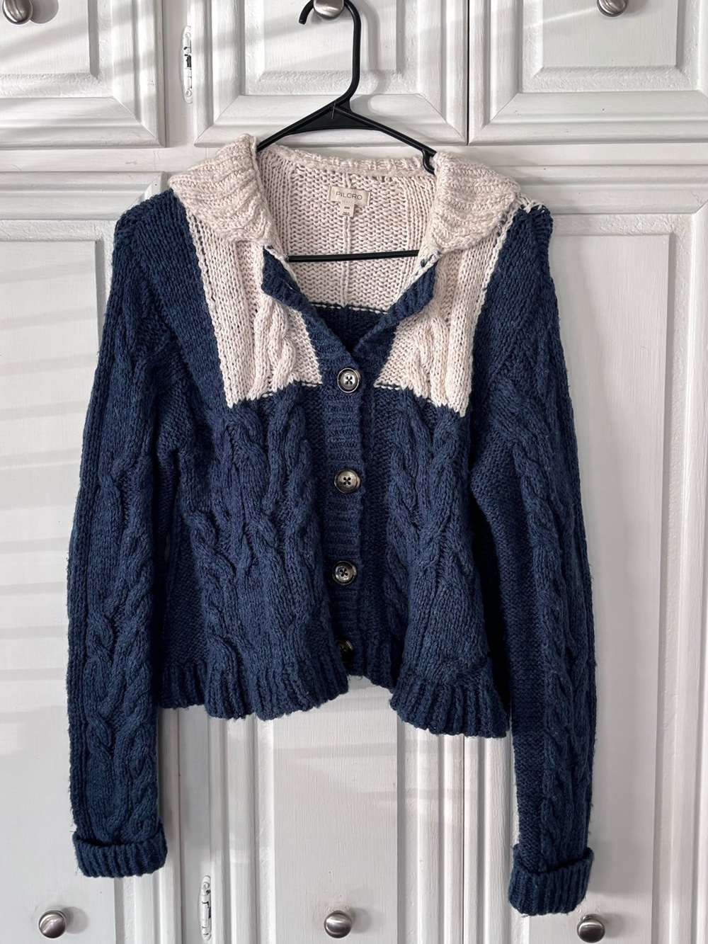 Pilcro Navy and Cream Shawl-Collar Cable Knit Cardigan sz XXS